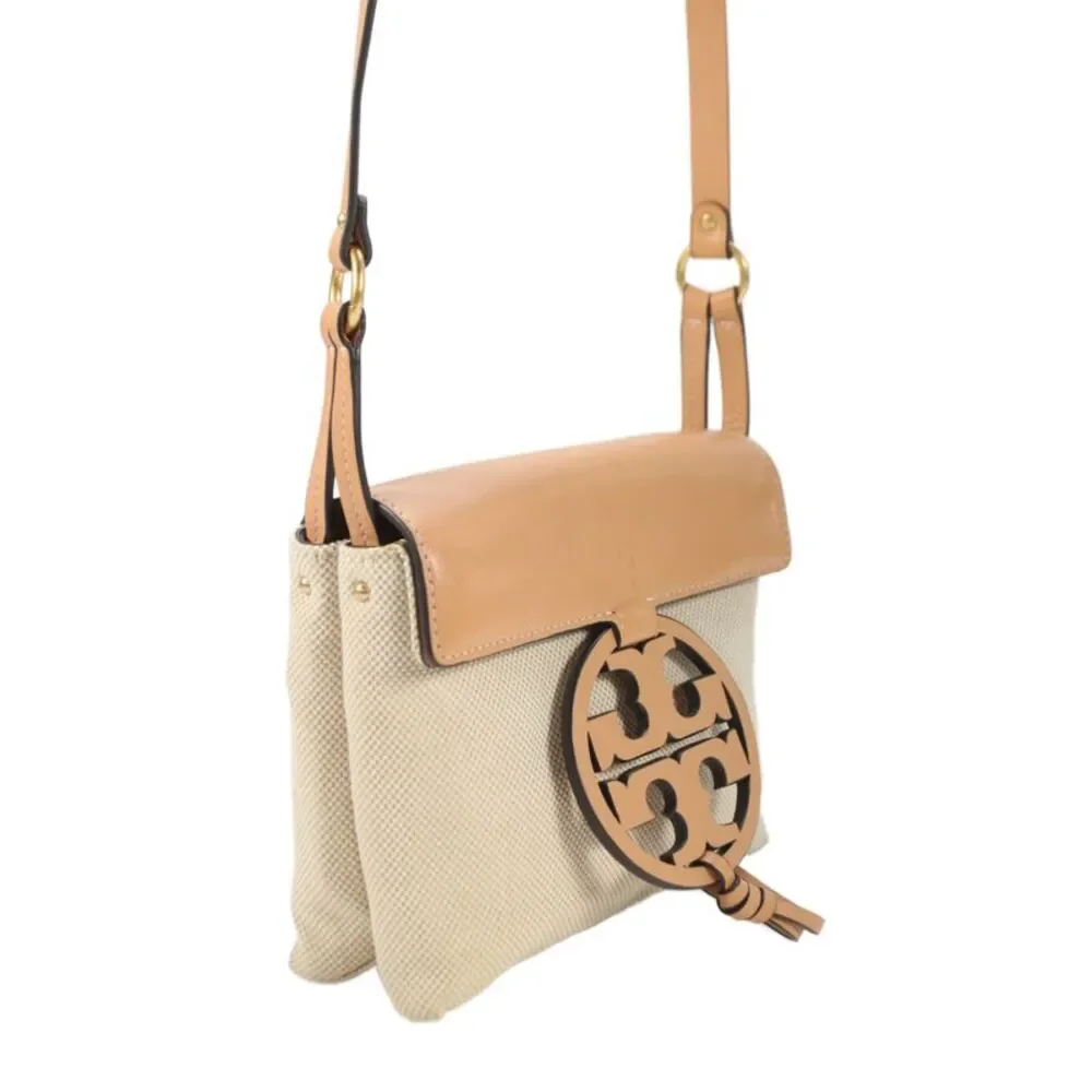 Tory Burch Womens Canvas Leather Logo Crossbody Handbag Beige Brown